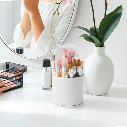 Dust-Proof Makeup Brush Holder with Clear Dome Lid, Multi-Compartment Vanity Organizer for Brushes, Eyeliner & Lip Gloss