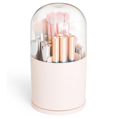 Dust-Proof Makeup Brush Holder with Clear Dome Lid, Multi-Compartment Vanity Organizer for Brushes, Eyeliner & Lip Gloss
