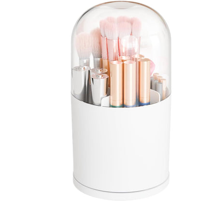 Dust-Proof Makeup Brush Holder with Clear Dome Lid, Multi-Compartment Vanity Organizer for Brushes, Eyeliner & Lip Gloss