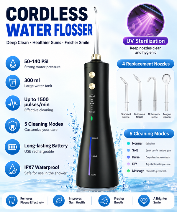 W1 Cordless Water Flosser with UV Sterilization – 5 Modes, 300ml Oral Irrigator